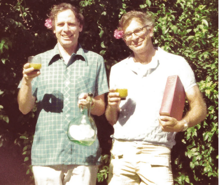 Amos Tversky and Daniel Kahneman standing with juice in hand and flower in ear